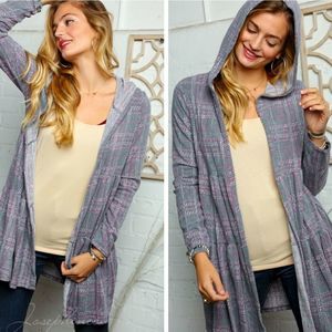 Grey And Pink Plaid Pocketed Cardigan